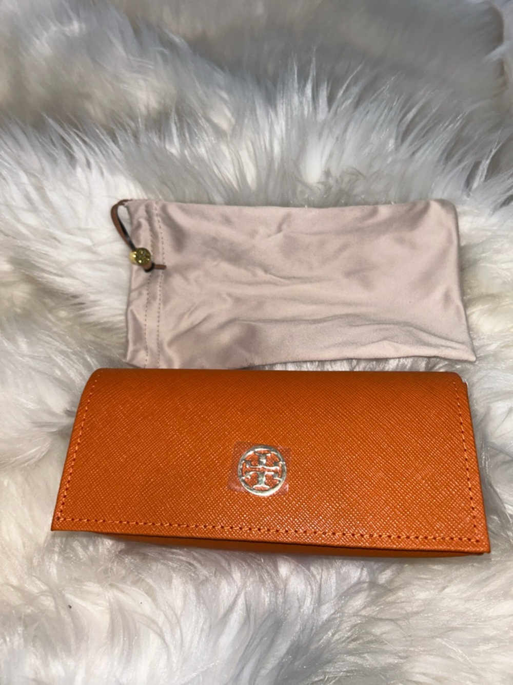 Tory Burch Orange Saffiano Leather Glass Case & Beige Cloth Case Gold Hardware